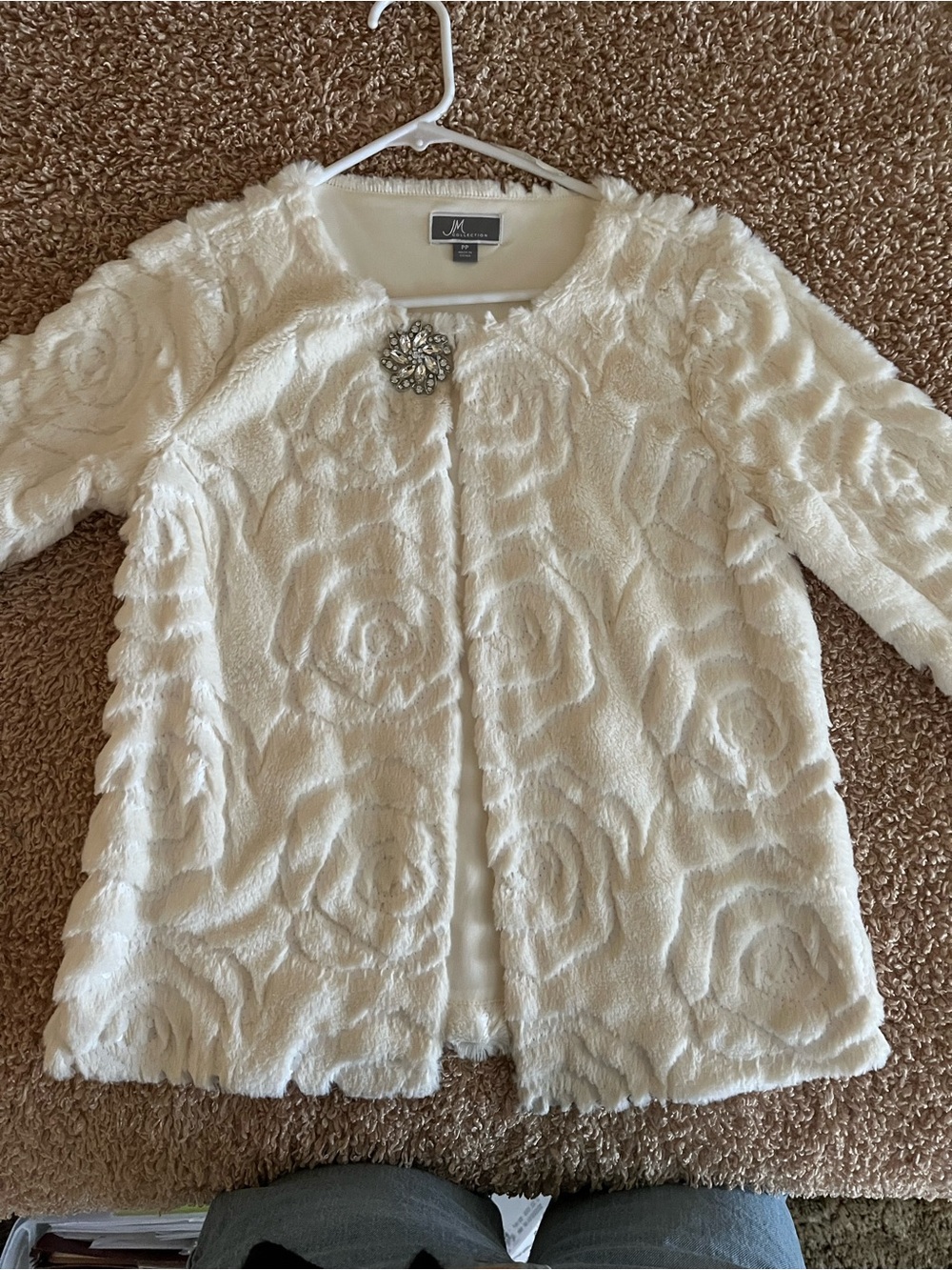 Collection B Cream Rose-Textured Cardigan with Decorative Brooch